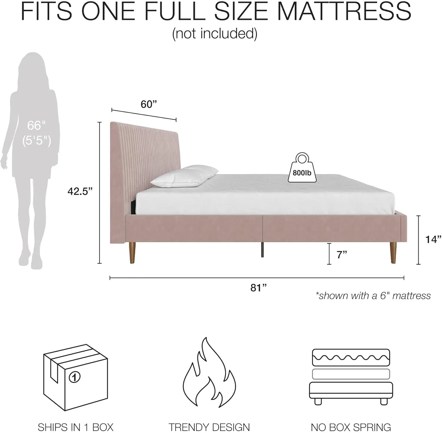 Mr. Kate Daphne Upholstered Full Bed Frame with Headboard, Modern Platform Velvet Full Bed Frame, Blush Velvet