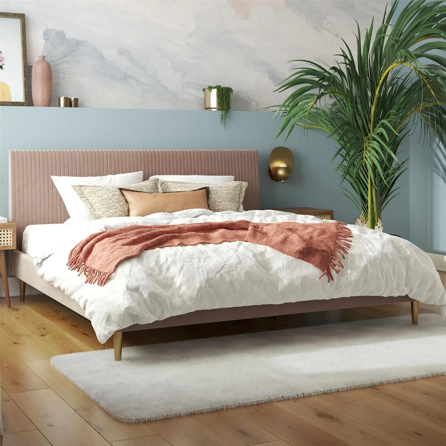 Mr. Kate Daphne Upholstered King Bed Frame with Headboard, Modern Platform Velvet King Bed Frame, Blush Velvet