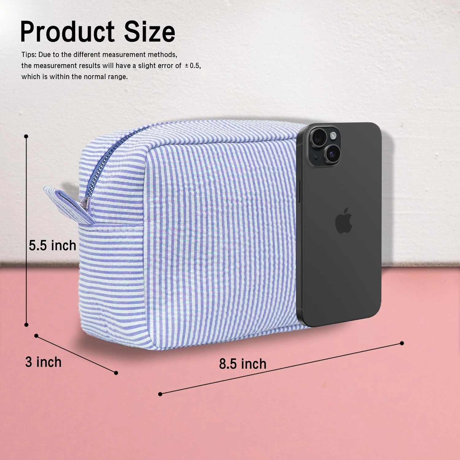 MT WORLD Cosmetic Bag Personalized Makeup Bag Seersucker Preppy Bridesmaid Makeup Bag Aesthetic Cute Women Toiletry Bag Girls Handbags Purses (Blue)