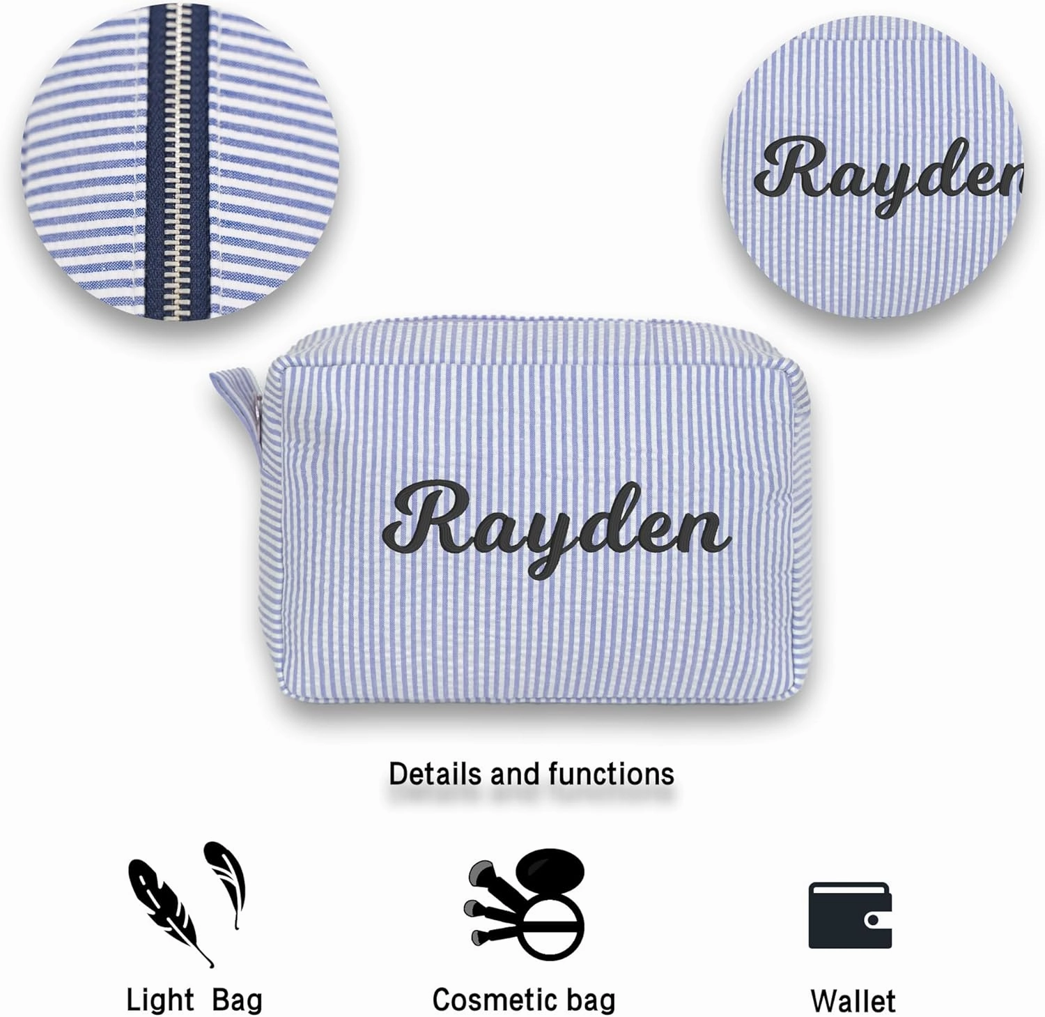 MT WORLD Cosmetic Bag Personalized Makeup Bag Seersucker Preppy Bridesmaid Makeup Bag Aesthetic Cute Women Toiletry Bag Girls Handbags Purses (Blue)