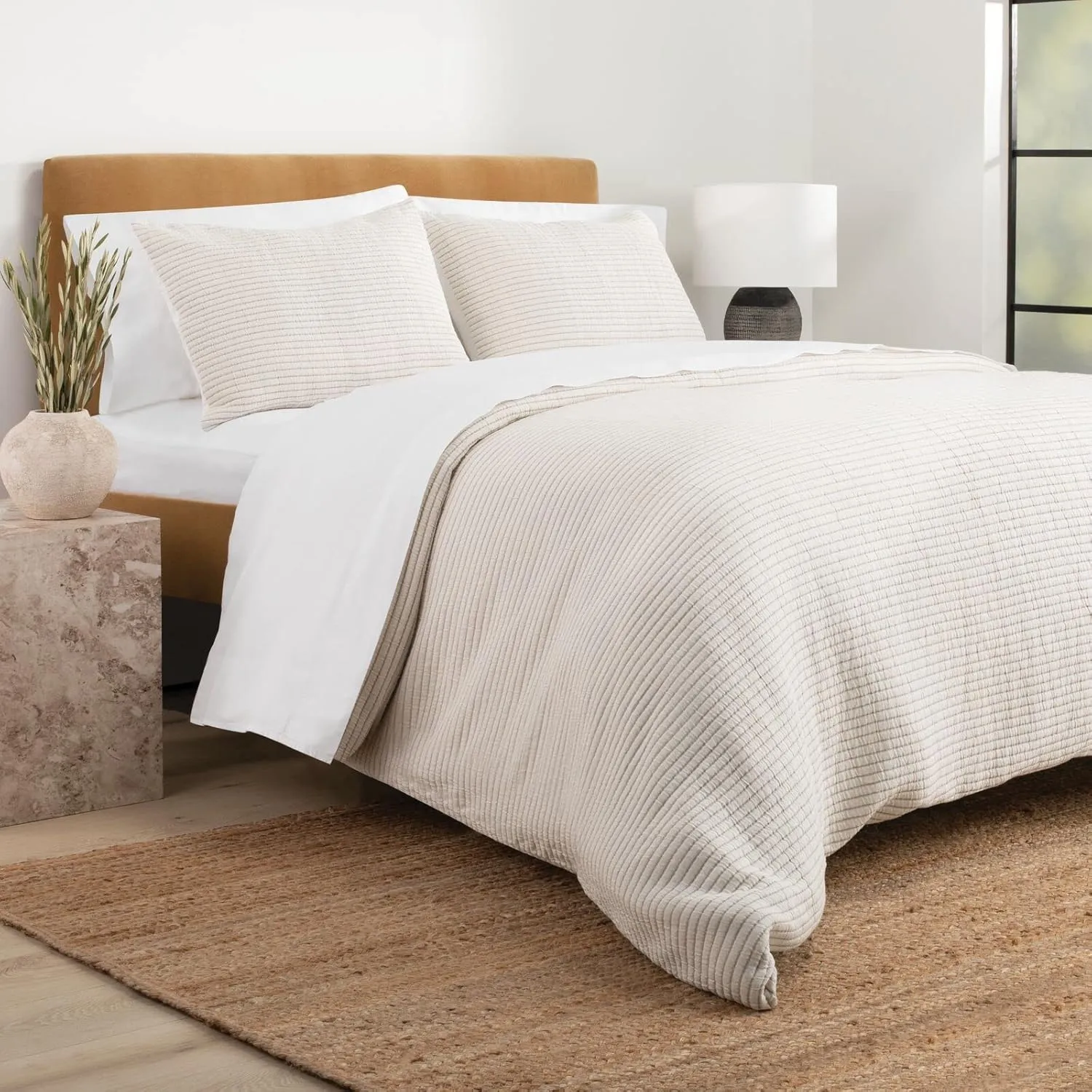 Nate Home by Nate Berkus 2-Piece Cotton Matelasse Duvet Cover Set | Lightweight Breathable Bedding from mDesign - Twin Size - Includes 1 Duvet Cover, 1 Pillow Sham, Pearl/Morel (Cream)