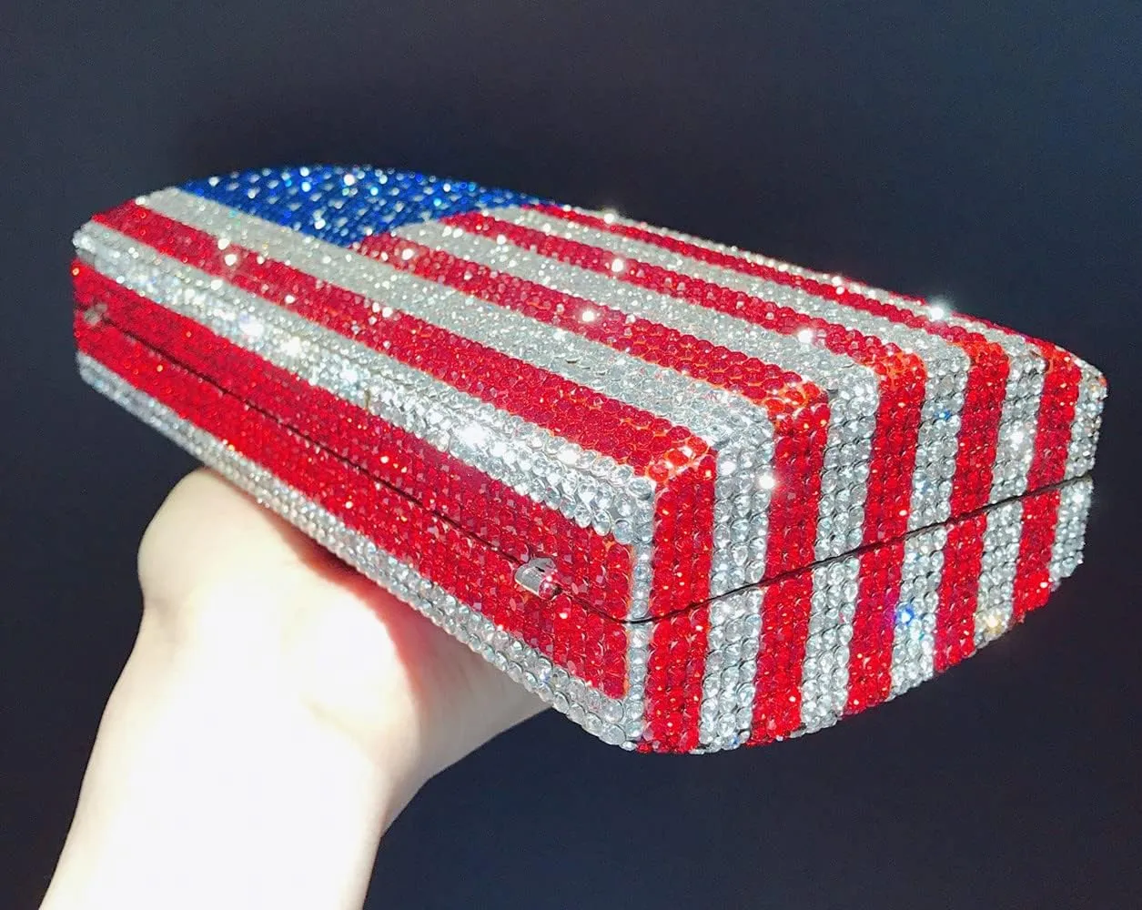 National Flag Evening Clutch Rhinestone Purse for Women, USA Flag Crystal Shoulder Bag, Blue Red