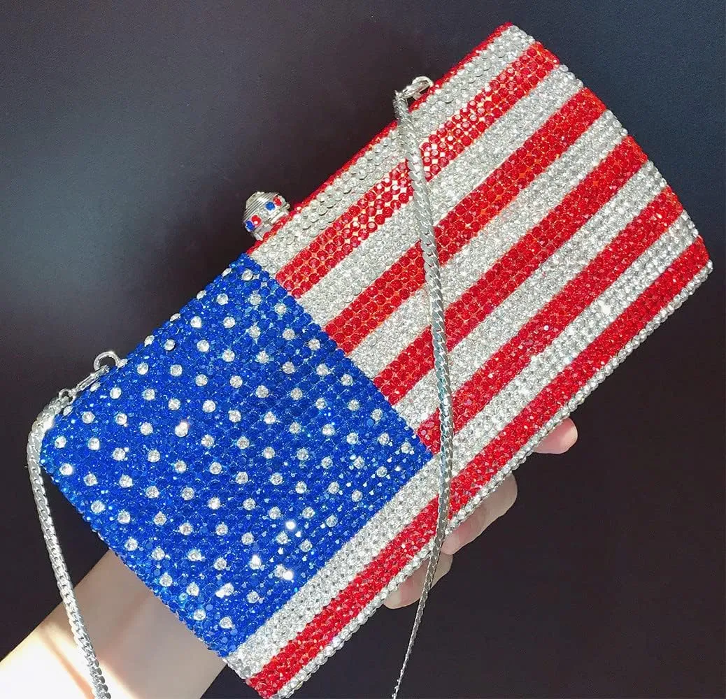 National Flag Evening Clutch Rhinestone Purse for Women, USA Flag Crystal Shoulder Bag, Blue Red