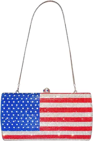 National Flag Evening Clutch Rhinestone Purse for Women, USA Flag Crystal Shoulder Bag, Blue Red