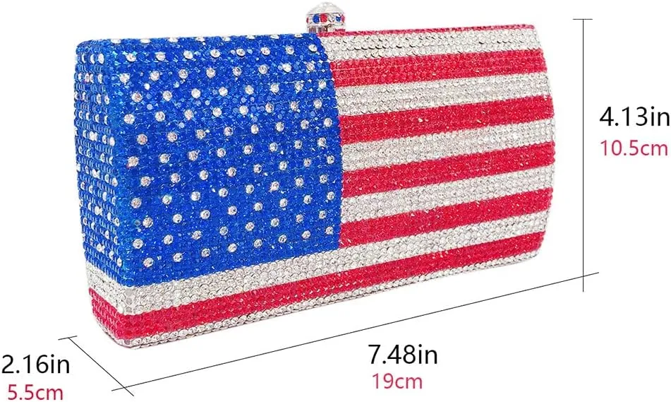 National Flag Evening Clutch Rhinestone Purse for Women, USA Flag Crystal Shoulder Bag, Blue Red