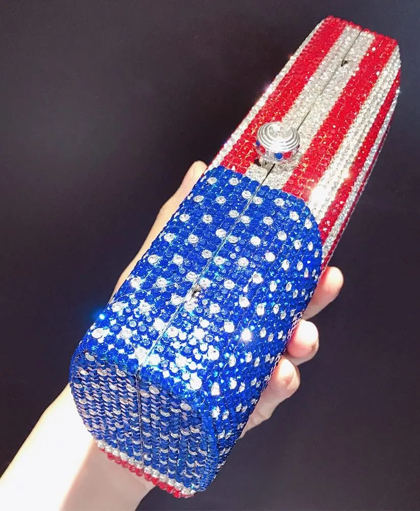 National Flag Evening Clutch Rhinestone Purse for Women, USA Flag Crystal Shoulder Bag, Blue Red