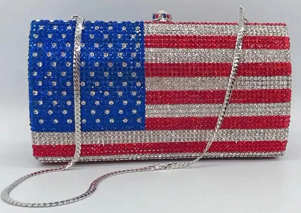National Flag Evening Clutch Rhinestone Purse for Women, USA Flag Crystal Shoulder Bag, Blue Red