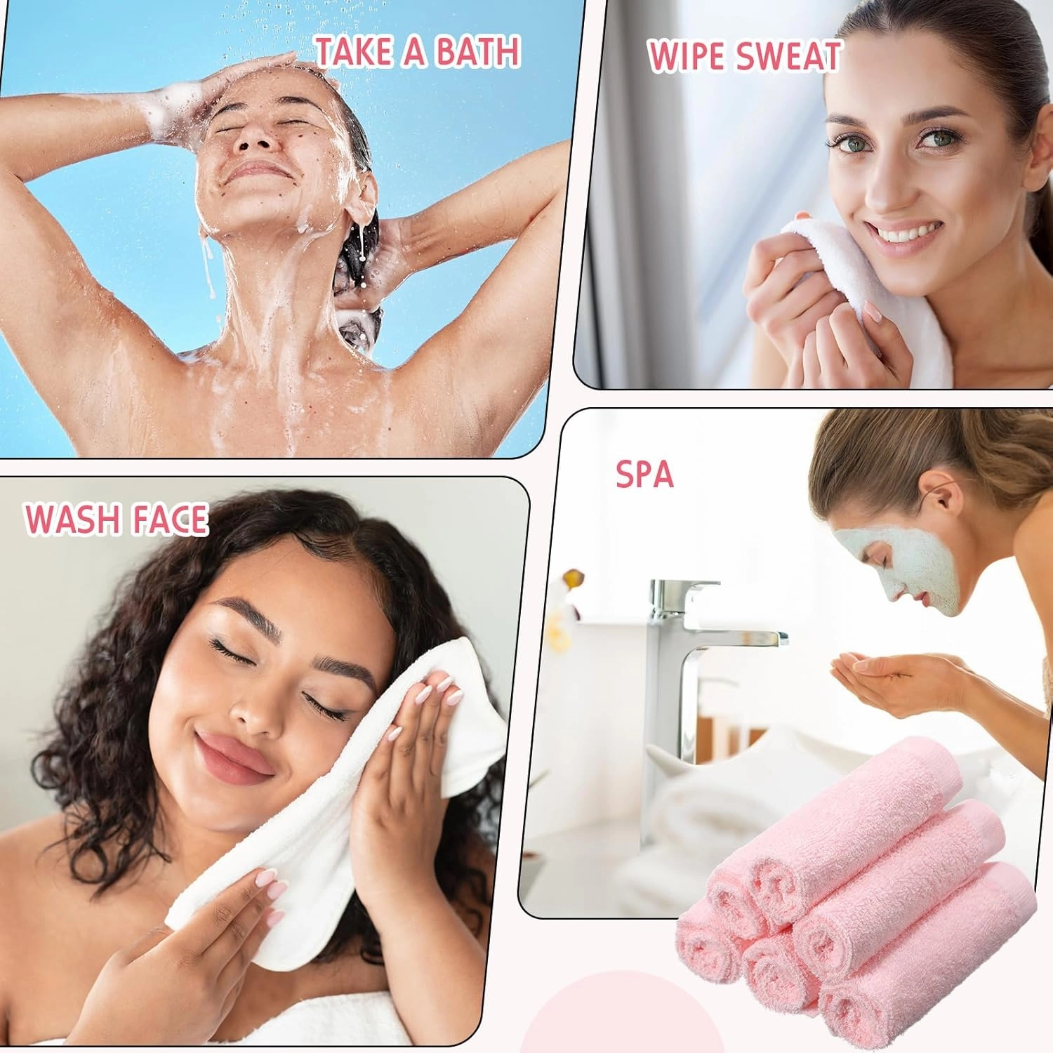 Newwiee 40 Pcs Wash Cloth Bulk Cotton Bath Hand Face Washcloths Soft Quick Drying Towel for Women Bathroom Washing Body Viscose Fiber Multipurpose Fingertip Rags (10 x 10 Inch,Pink)