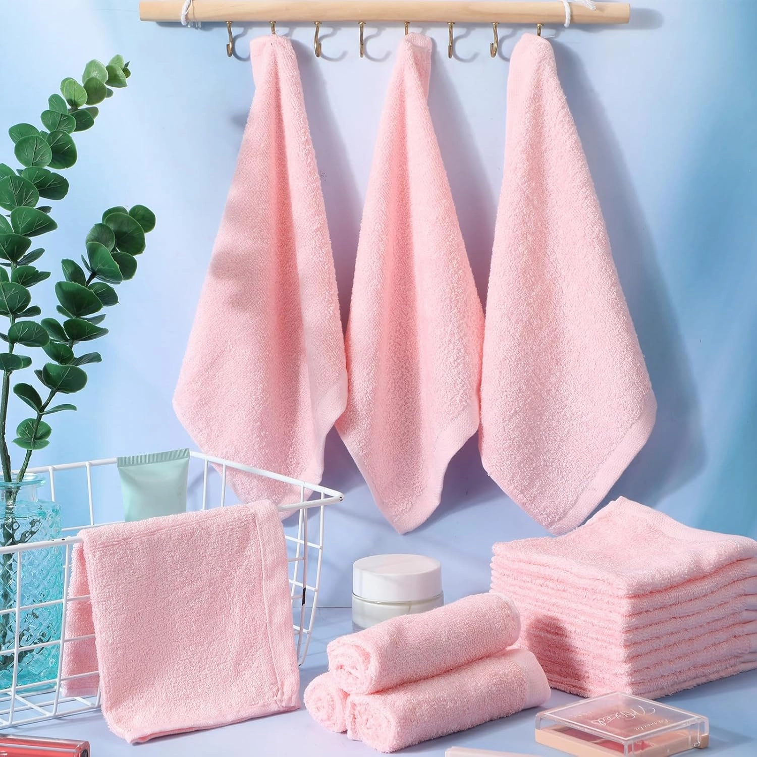 Newwiee 40 Pcs Wash Cloth Bulk Cotton Bath Hand Face Washcloths Soft Quick Drying Towel for Women Bathroom Washing Body Viscose Fiber Multipurpose Fingertip Rags (10 x 10 Inch,Pink)