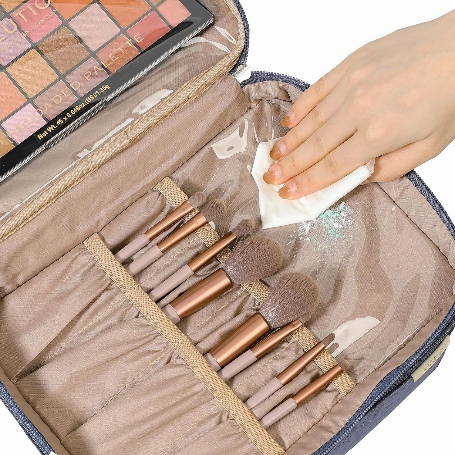 NISHEL Large Double Layer Travel Makeup Bag Women, Cosmetic Case, Organizer for Travel-Size Accessories Bottles, Brushes, Conditioner, and Skin Care Products, Aegean-Blue
