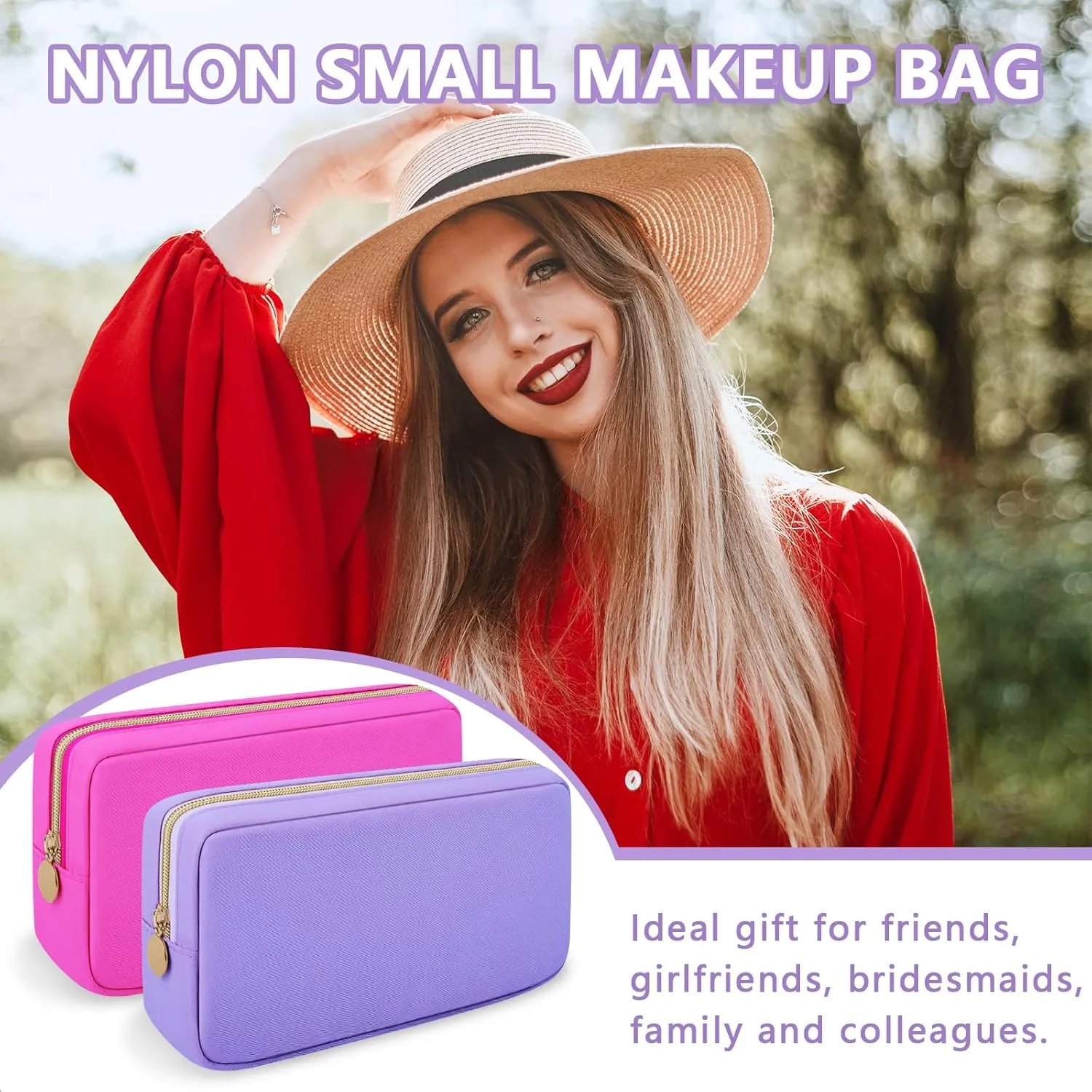 Nylon Small Makeup Bag Cosmetic Zipper Pouch for Purse, Preppy Makeup Bag Compact Make up Pouch Toiletry Bag, Waterproof Zipper Purse Travel Coin Pouch Storage Bag for Women Girls Teens(Purple)