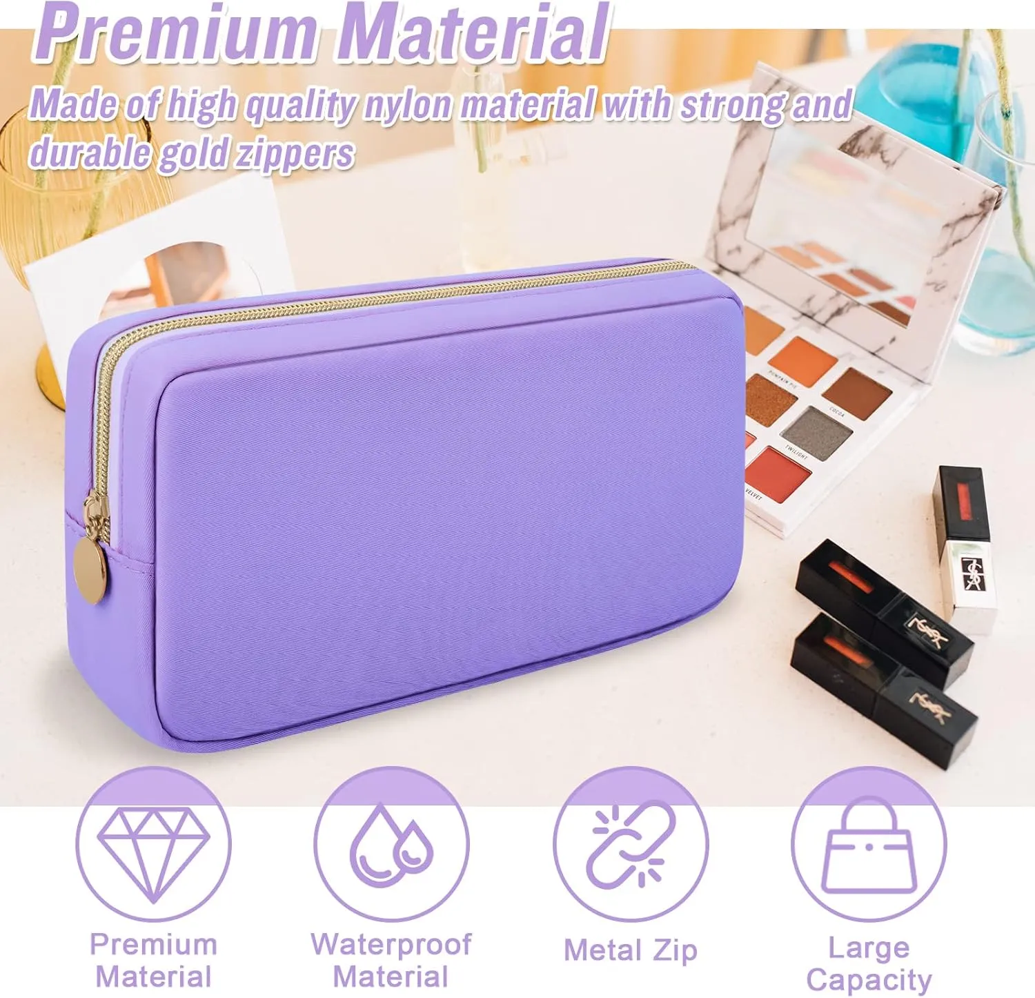 Nylon Small Makeup Bag Cosmetic Zipper Pouch for Purse, Preppy Makeup Bag Compact Make up Pouch Toiletry Bag, Waterproof Zipper Purse Travel Coin Pouch Storage Bag for Women Girls Teens(Purple)