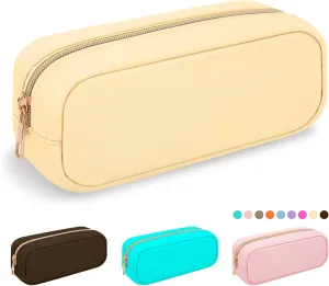 Nylon Small Makeup Bag Slim Cosmetic Zipper Pouch, Preppy Makeup Brush Bag Compact Make up Pouch Toiletry Bag, Waterproof Zipper Purse Travel Coin Pouch Storage Bag for Women Girls Teens(Beige)