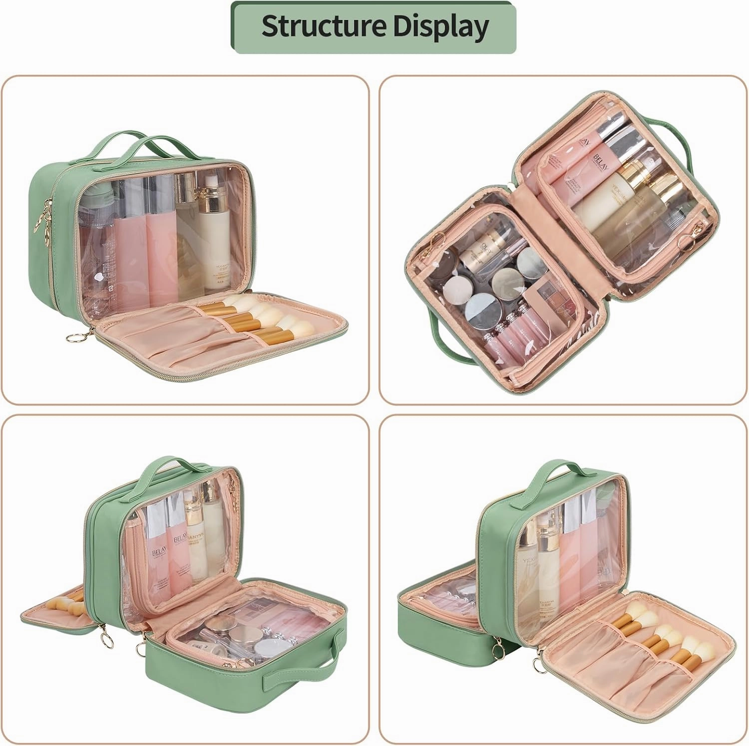 OCHEAL Makeup Bag, Double Layer Cosmetic Bag, Large Capacity New Look Clear Cosmetic Case for Women Travel Beauty Essentials, Multiple Compartments Makeup Case Organizer Zipper Pouch -Light Green