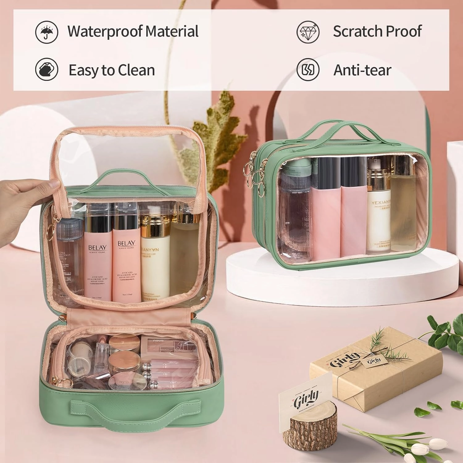 OCHEAL Makeup Bag, Double Layer Cosmetic Bag, Large Capacity New Look Clear Cosmetic Case for Women Travel Beauty Essentials, Multiple Compartments Makeup Case Organizer Zipper Pouch -Light Green
