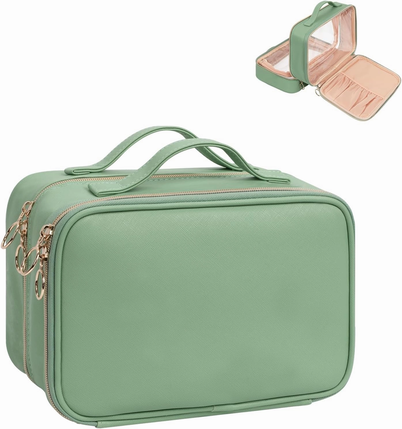 OCHEAL Makeup Bag, Double Layer Cosmetic Bag, Large Capacity New Look Clear Cosmetic Case for Women Travel Beauty Essentials, Multiple Compartments Makeup Case Organizer Zipper Pouch -Light Green