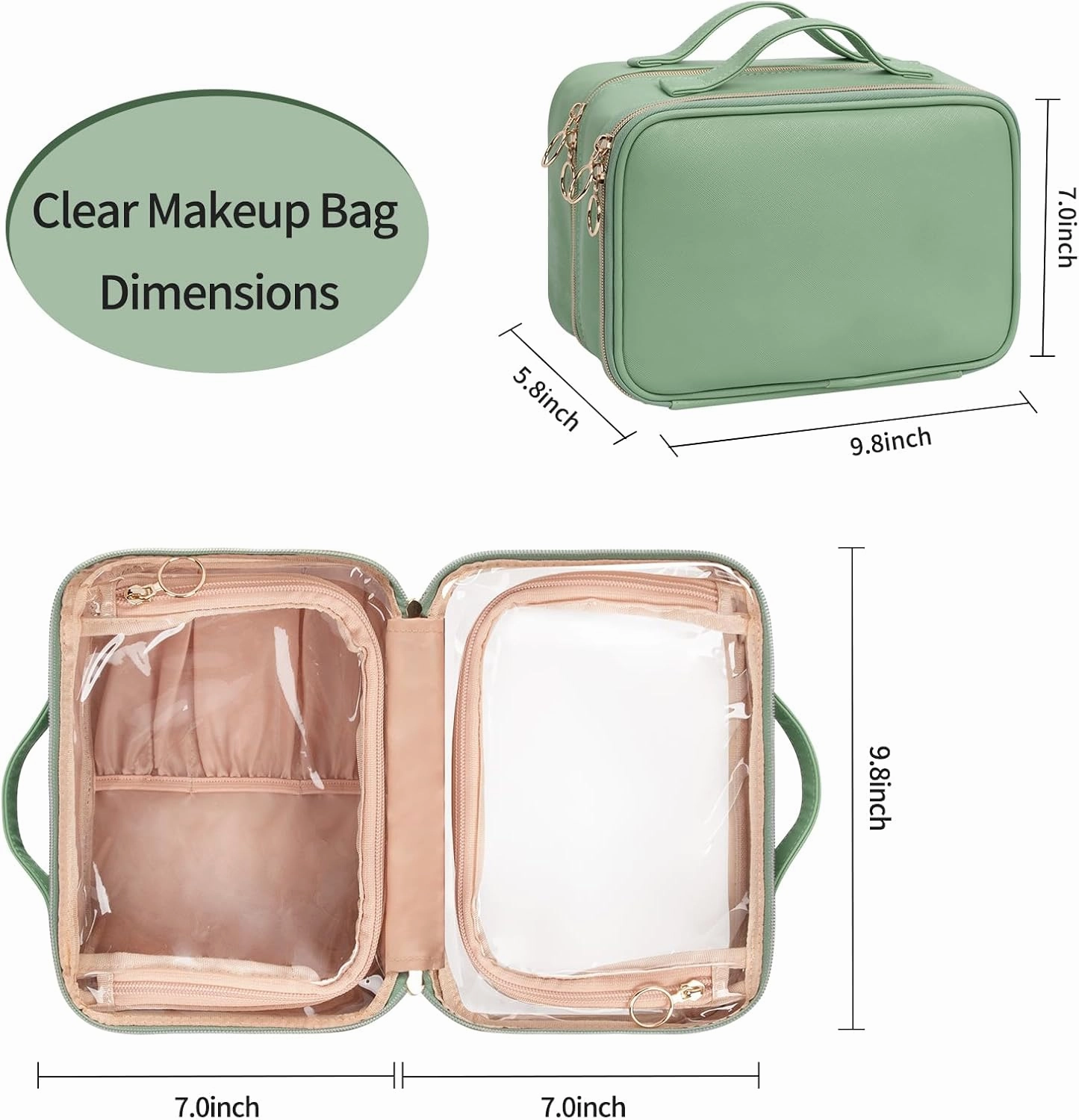 OCHEAL Makeup Bag, Double Layer Cosmetic Bag, Large Capacity New Look Clear Cosmetic Case for Women Travel Beauty Essentials, Multiple Compartments Makeup Case Organizer Zipper Pouch -Light Green