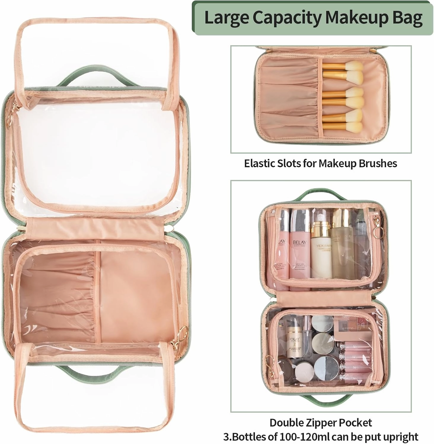 OCHEAL Makeup Bag, Double Layer Cosmetic Bag, Large Capacity New Look Clear Cosmetic Case for Women Travel Beauty Essentials, Multiple Compartments Makeup Case Organizer Zipper Pouch -Light Green