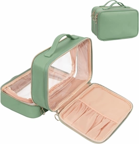 OCHEAL Makeup Bag, Double Layer Cosmetic Bag, Large Capacity New Look Clear Cosmetic Case for Women Travel Beauty Essentials, Multiple Compartments Makeup Case Organizer Zipper Pouch -Light Green