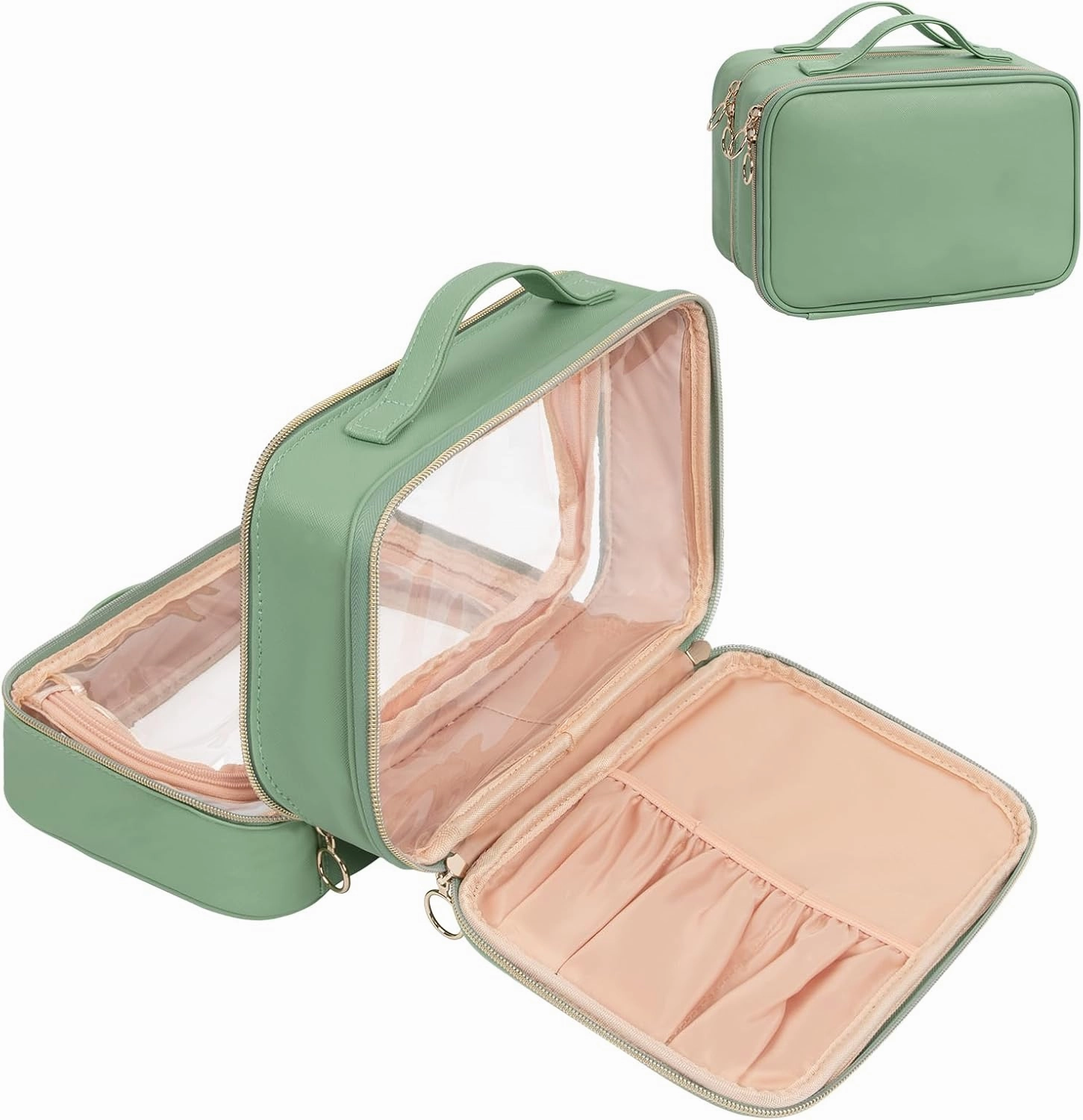 OCHEAL Makeup Bag, Double Layer Cosmetic Bag, Large Capacity New Look Clear Cosmetic Case for Women Travel Beauty Essentials, Multiple Compartments Makeup Case Organizer Zipper Pouch -Light Green