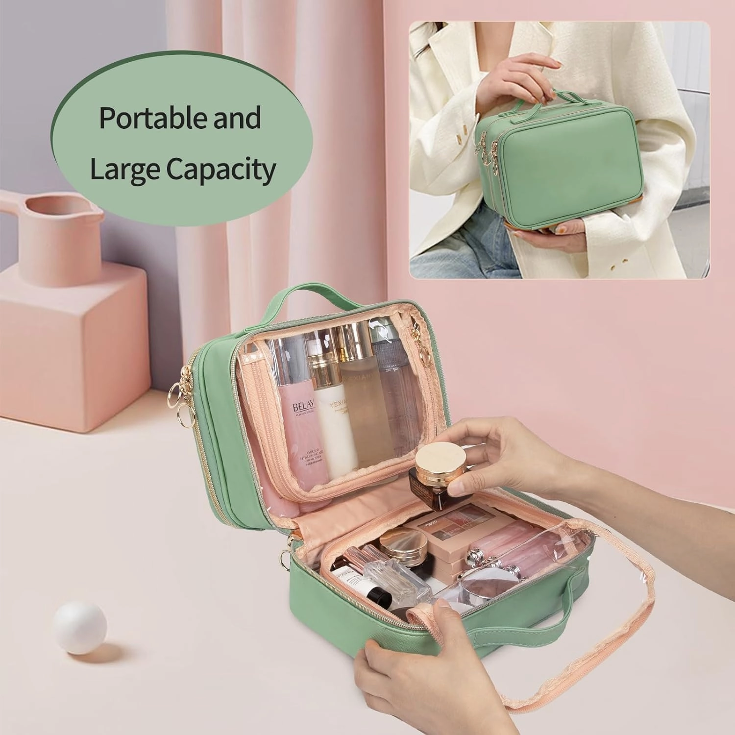 OCHEAL Makeup Bag, Double Layer Cosmetic Bag, Large Capacity New Look Clear Cosmetic Case for Women Travel Beauty Essentials, Multiple Compartments Makeup Case Organizer Zipper Pouch -Light Green