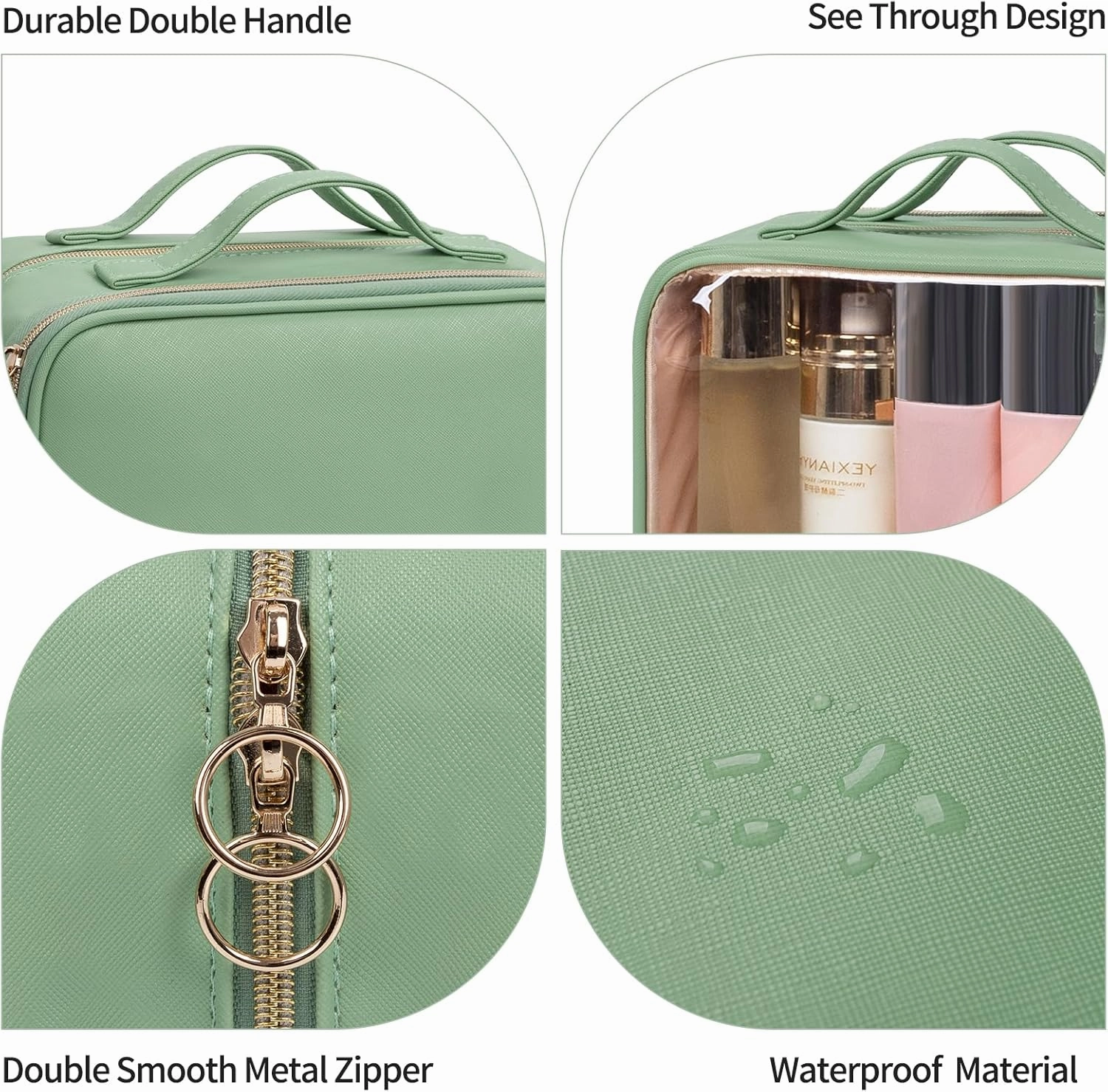 OCHEAL Makeup Bag, Double Layer Cosmetic Bag, Large Capacity New Look Clear Cosmetic Case for Women Travel Beauty Essentials, Multiple Compartments Makeup Case Organizer Zipper Pouch -Light Green
