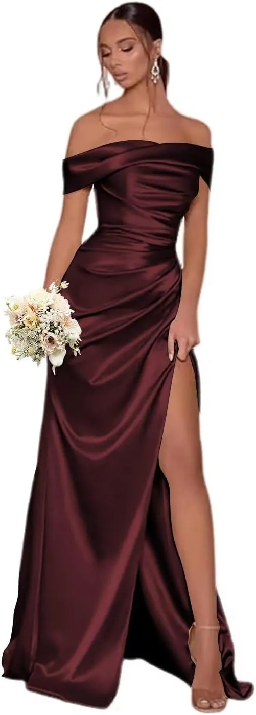Off The Shoulder Bridesmaid Dresses with Split Satin Pleated Mermaid Long Bridesmaid Dress TM30
