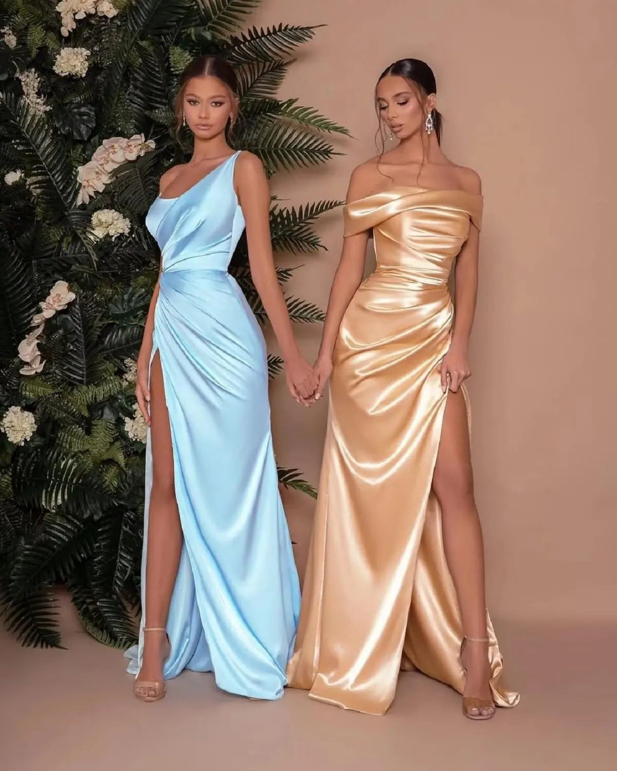 Off The Shoulder Bridesmaid Dresses with Split Satin Pleated Mermaid Long Bridesmaid Dress TM30