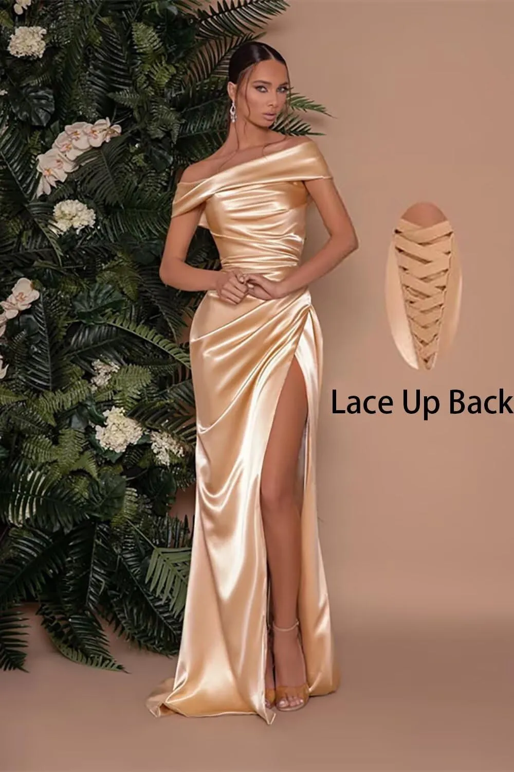 Off The Shoulder Bridesmaid Dresses with Split Satin Pleated Mermaid Long Bridesmaid Dress TM30