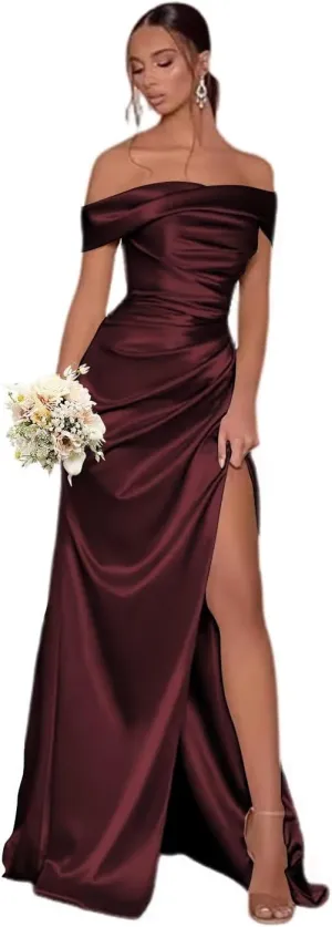 Off The Shoulder Bridesmaid Dresses with Split Satin Pleated Mermaid Long Bridesmaid Dress TM30