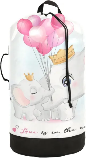 Oyihfvs Cute Elephant Mother and Cub with Pink Balloons on White Backpack Laundry Bag, Laundry Backpack with Shoulder Straps, Waterproof Nylon Clothes Hamper Bag for Men Women Yoga Backpack