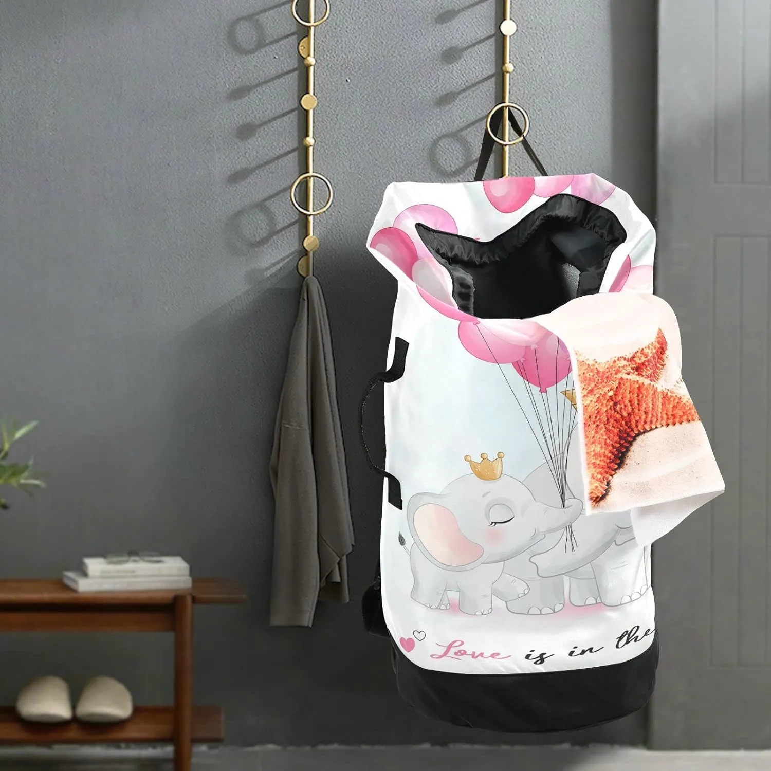 Oyihfvs Cute Elephant Mother and Cub with Pink Balloons on White Backpack Laundry Bag, Laundry Backpack with Shoulder Straps, Waterproof Nylon Clothes Hamper Bag for Men Women Yoga Backpack