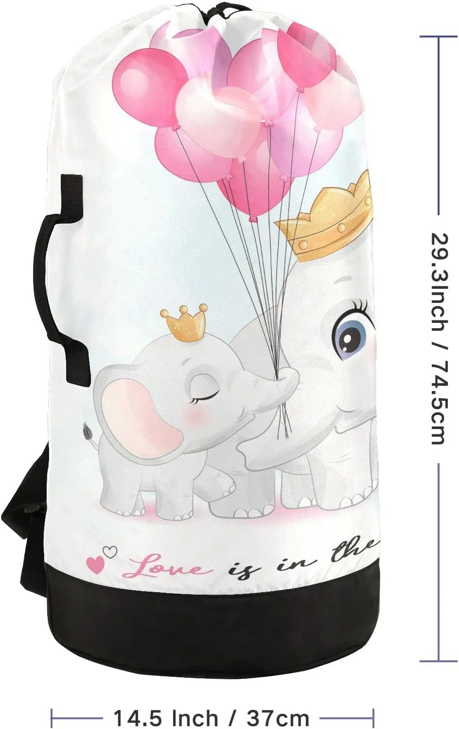 Oyihfvs Cute Elephant Mother and Cub with Pink Balloons on White Backpack Laundry Bag, Laundry Backpack with Shoulder Straps, Waterproof Nylon Clothes Hamper Bag for Men Women Yoga Backpack