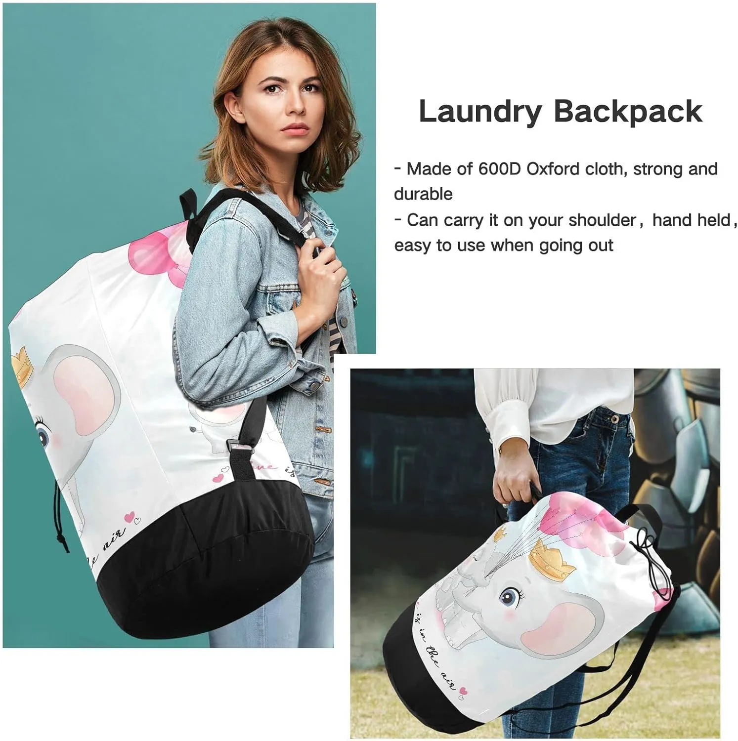 Oyihfvs Cute Elephant Mother and Cub with Pink Balloons on White Backpack Laundry Bag, Laundry Backpack with Shoulder Straps, Waterproof Nylon Clothes Hamper Bag for Men Women Yoga Backpack