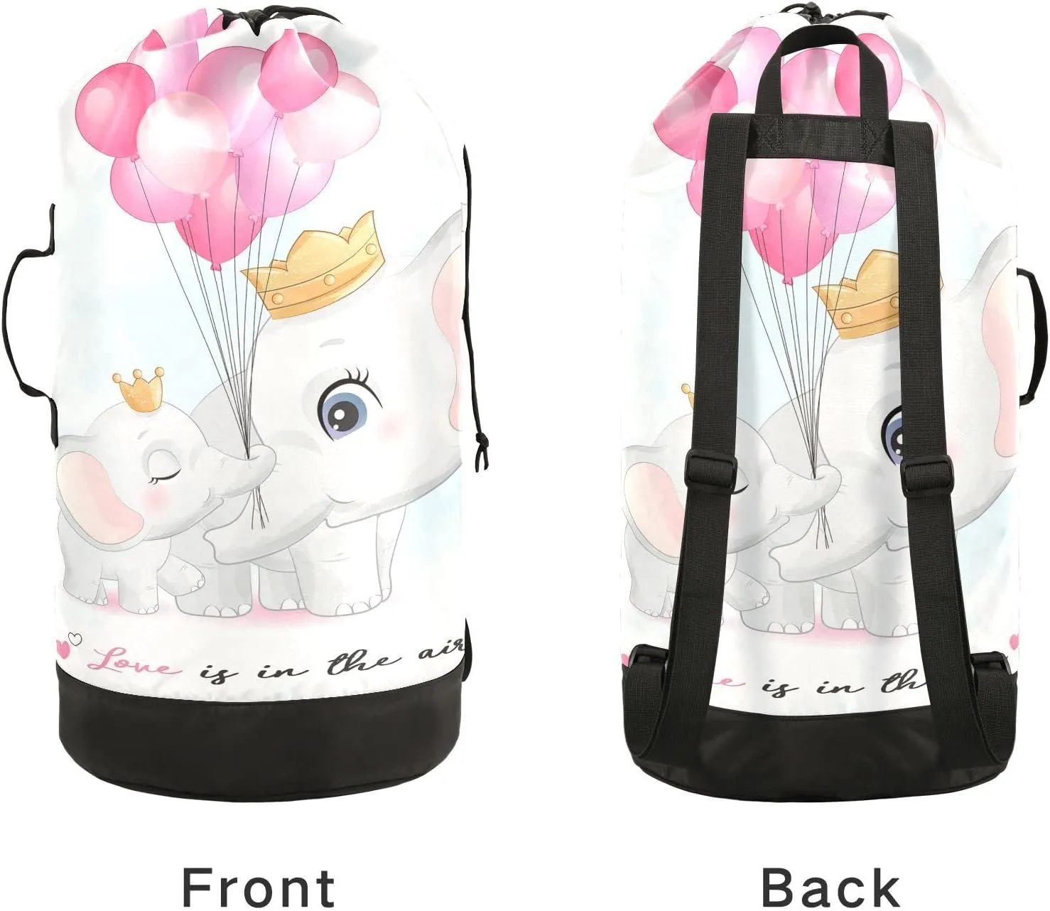 Oyihfvs Cute Elephant Mother and Cub with Pink Balloons on White Backpack Laundry Bag, Laundry Backpack with Shoulder Straps, Waterproof Nylon Clothes Hamper Bag for Men Women Yoga Backpack