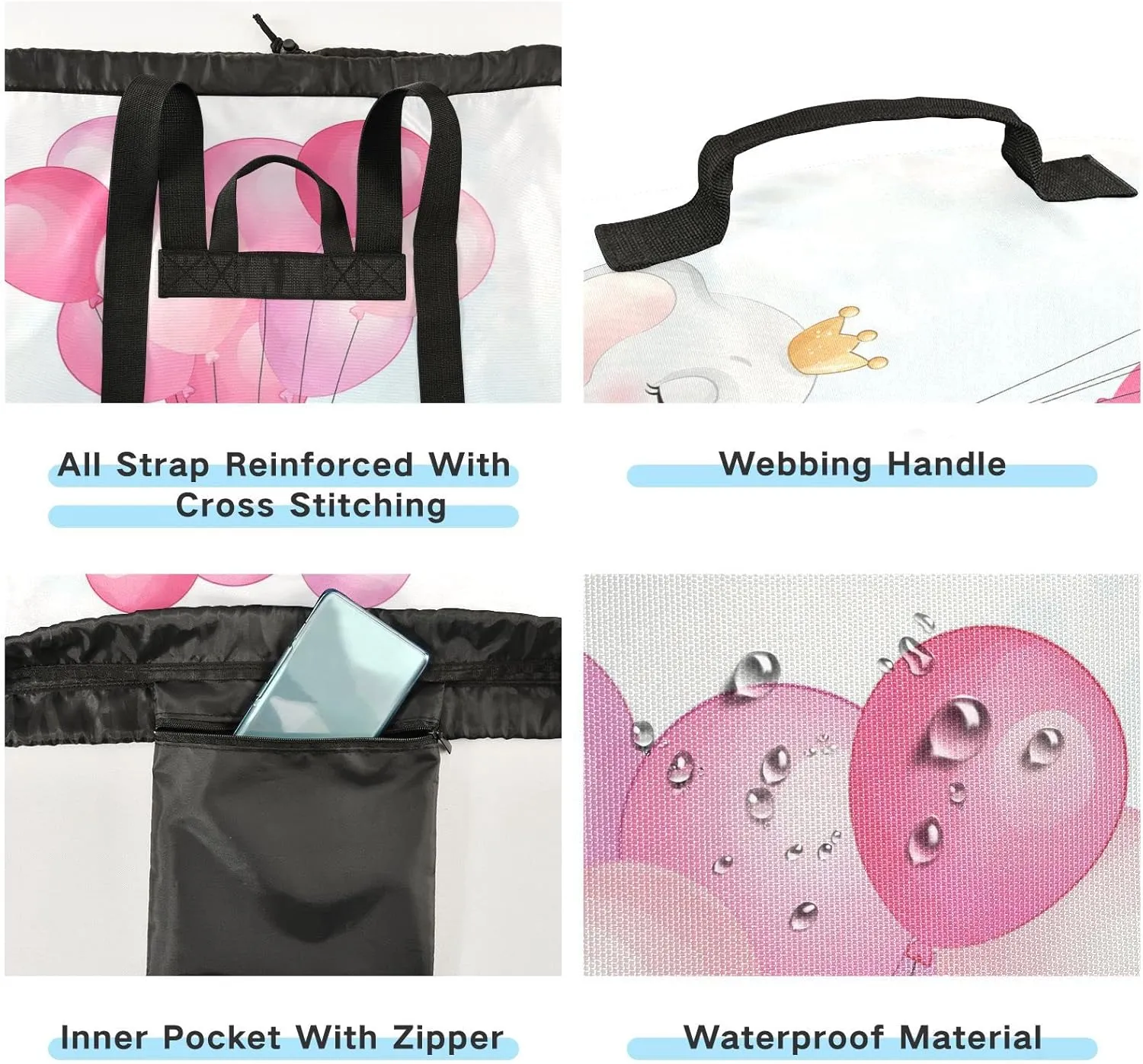 Oyihfvs Cute Elephant Mother and Cub with Pink Balloons on White Backpack Laundry Bag, Laundry Backpack with Shoulder Straps, Waterproof Nylon Clothes Hamper Bag for Men Women Yoga Backpack