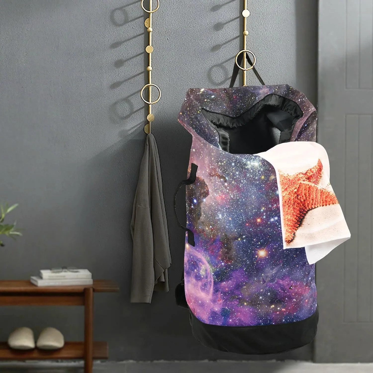 Oyihfvs Space Galaxy Universe with Glare Stars in Purple Pink Dark Blue Backpack Laundry Bag, Laundry Backpack with Shoulder Straps, Waterproof Nylon Clothes Hamper Bag for Men Women Yoga Backpack