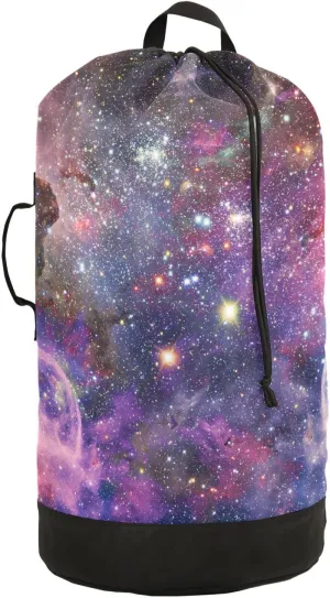 Oyihfvs Space Galaxy Universe with Glare Stars in Purple Pink Dark Blue Backpack Laundry Bag, Laundry Backpack with Shoulder Straps, Waterproof Nylon Clothes Hamper Bag for Men Women Yoga Backpack