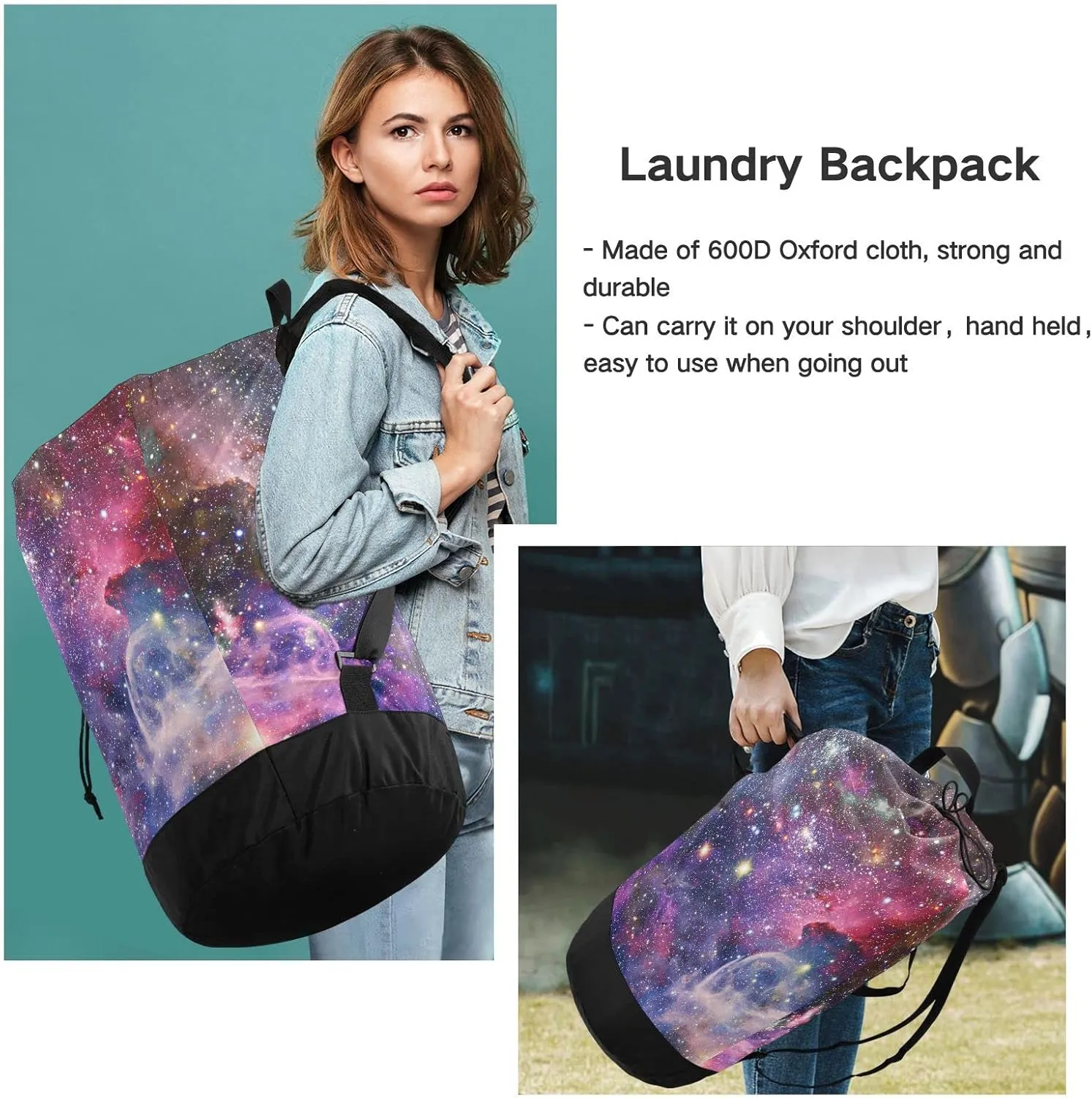 Oyihfvs Space Galaxy Universe with Glare Stars in Purple Pink Dark Blue Backpack Laundry Bag, Laundry Backpack with Shoulder Straps, Waterproof Nylon Clothes Hamper Bag for Men Women Yoga Backpack