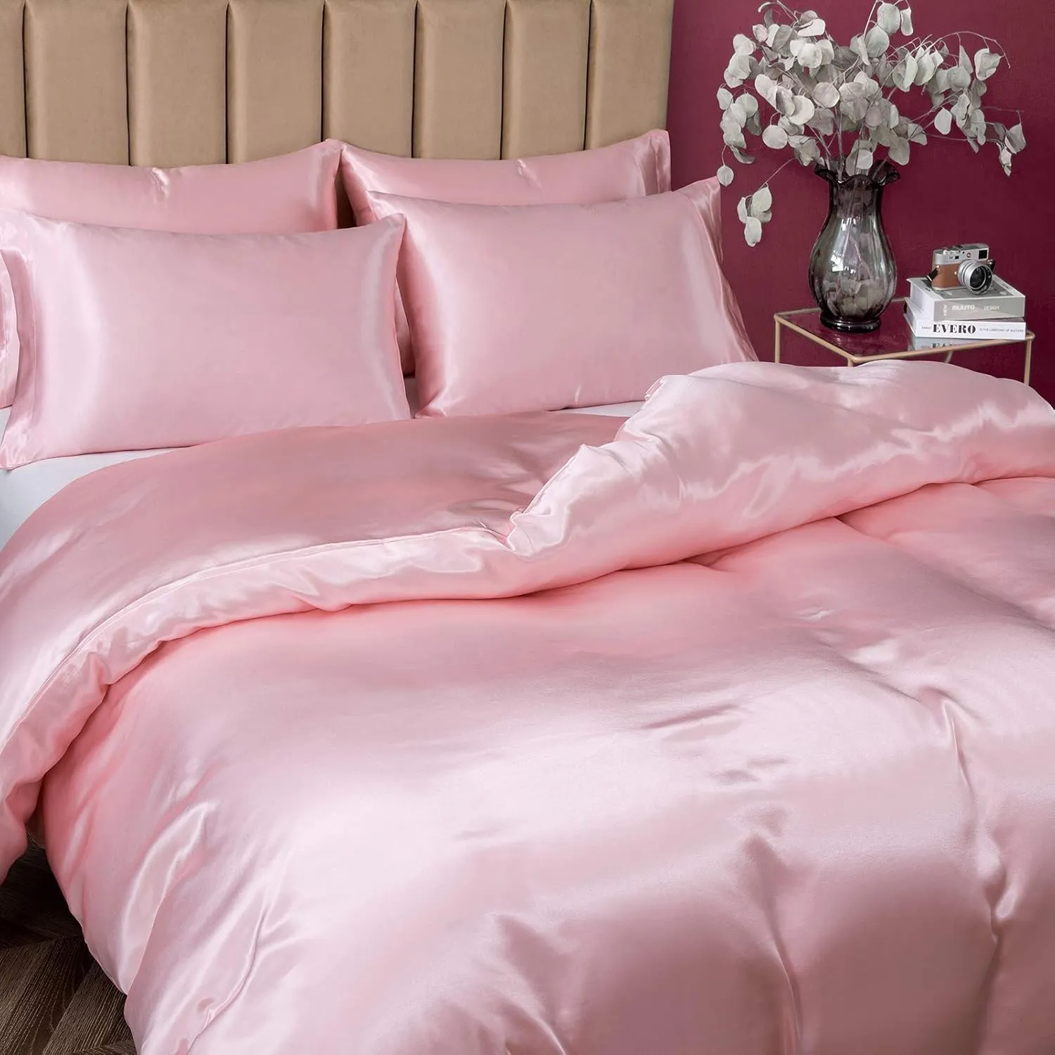 P Pothuiny 3 Pieces Satin Duvet Cover Twin/Twin XL Size, Luxury Silky Like Blush Pink Duvet Cover Bedding Set with Zipper Closure, 1 Duvet Cover   2 Pillow Cases (No Comforter)