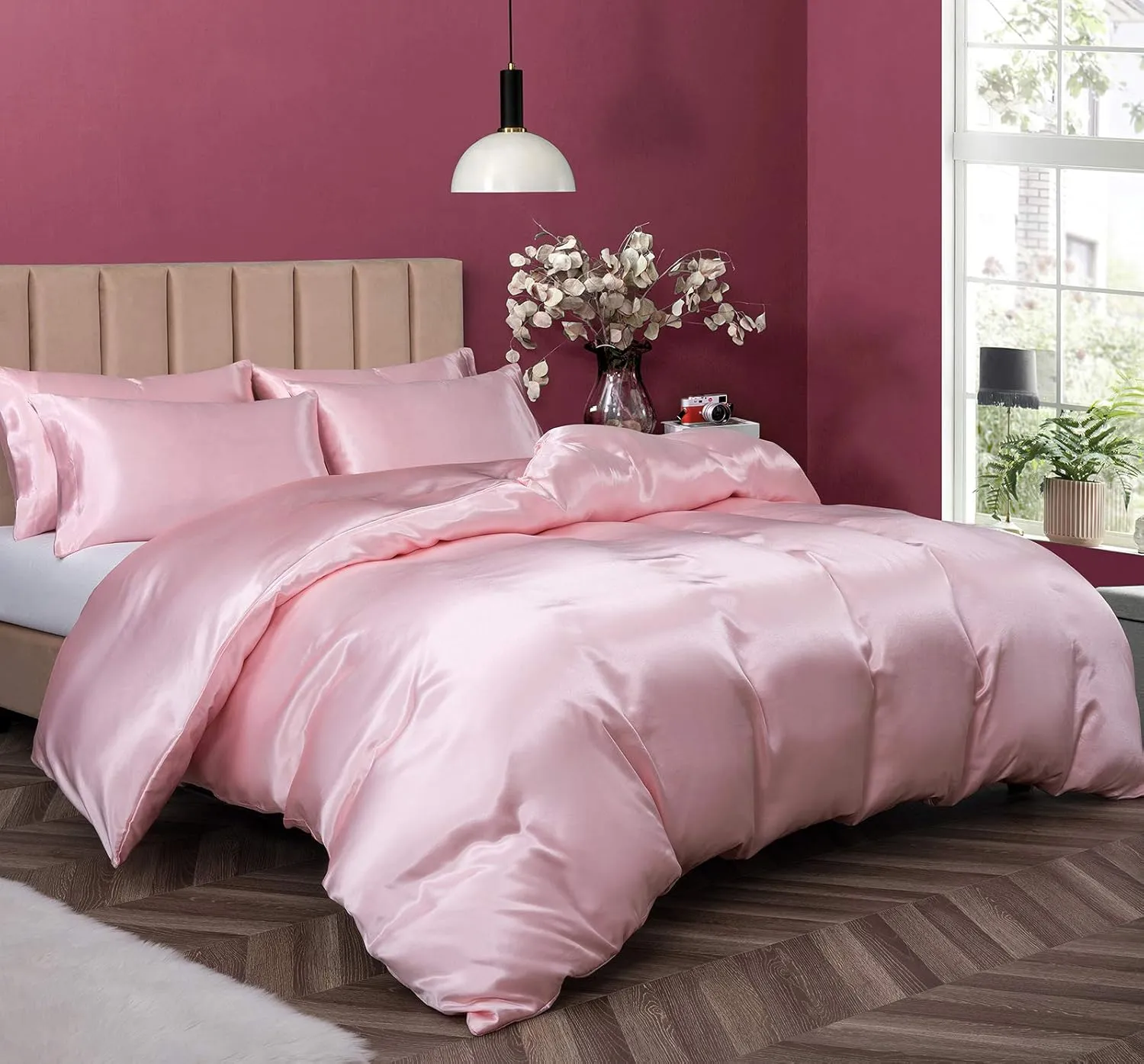P Pothuiny 3 Pieces Satin Duvet Cover Twin/Twin XL Size, Luxury Silky Like Blush Pink Duvet Cover Bedding Set with Zipper Closure, 1 Duvet Cover   2 Pillow Cases (No Comforter)