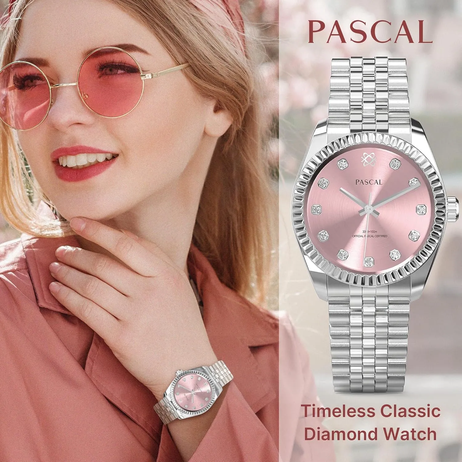 PASCAL Timeless Classic Diamond Stainless Steel Watch for Men and Women, Swiss Quartz Movement, Luxury Silver & Rose Gold Wrist Watch, Sapphire Crystal 10ATM Waterproof, 31mm / 36mm