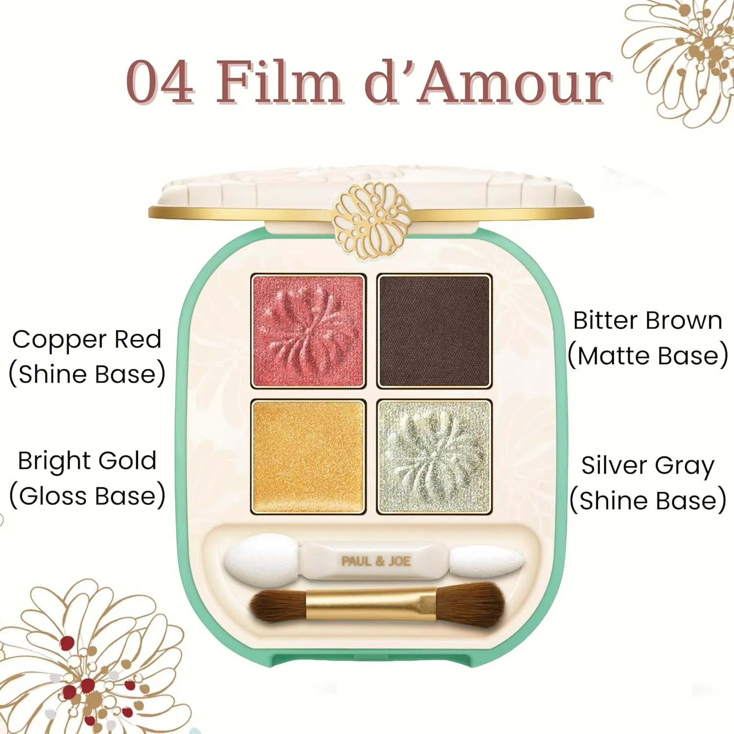 Paul & Joe Eye Color Palette 04 Film d’Amour, Four Colors Powder Eye Shadows, Red, Brown, Gold, Silver, 0.14 oz