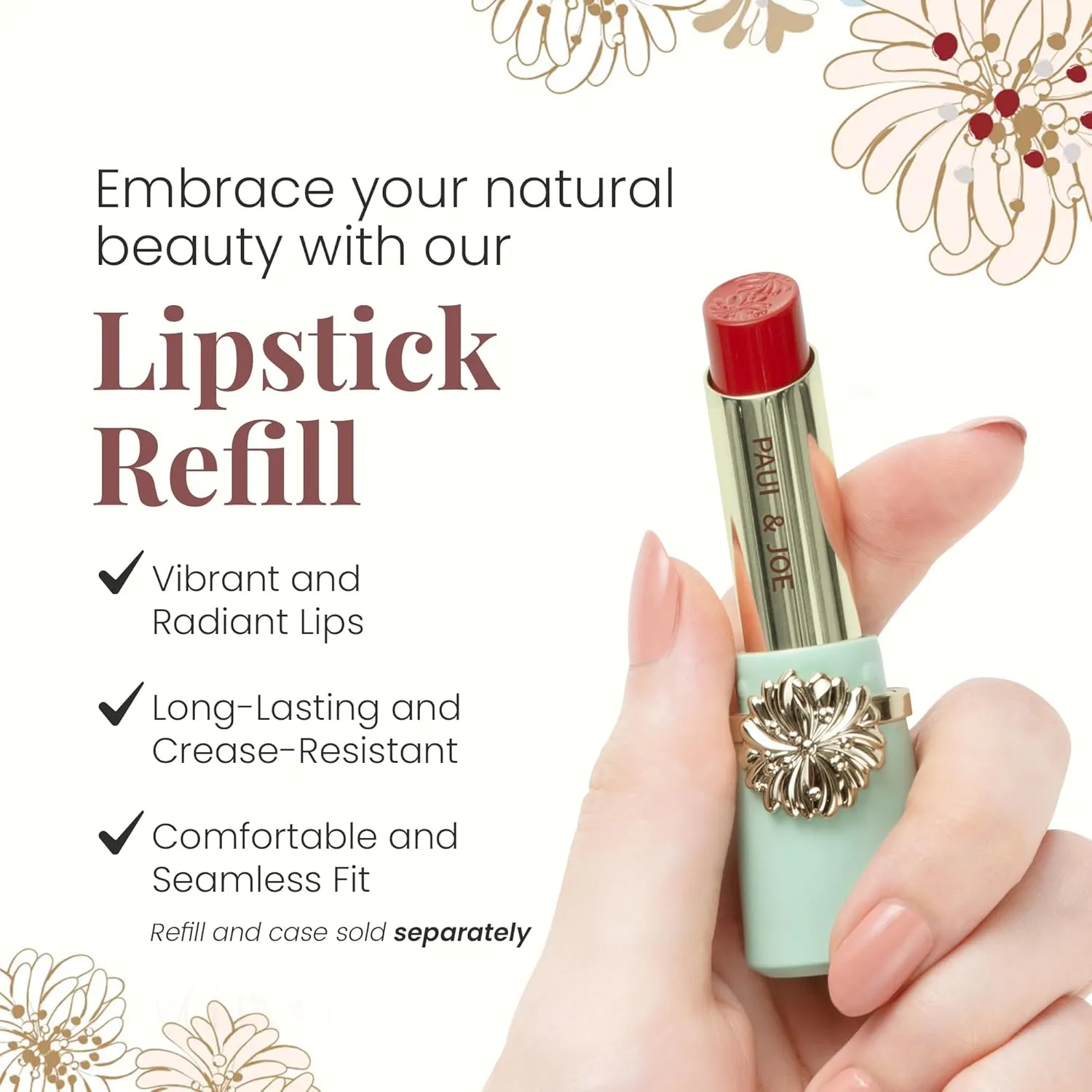 Paul & Joe Moisturizing Lipstick Refill Only, Case Sold Separately, Long Lasting Lipstick for Highly-Pigmented Lip Color, 04 Champs-Elysees at Dusk - Elegant Ladylike Red Lip Stick, 0.10 oz