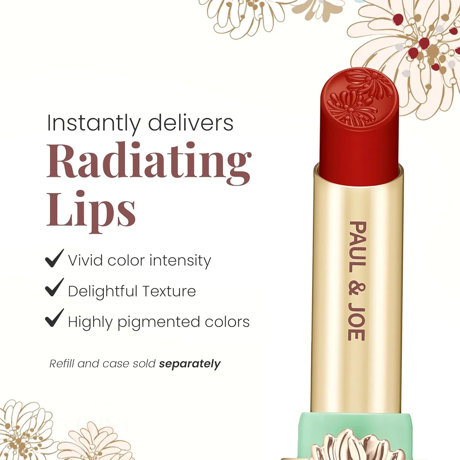 Paul & Joe Moisturizing Lipstick Refill Only, Case Sold Separately, Long Lasting Lipstick for Highly-Pigmented Lip Color, 04 Champs-Elysees at Dusk - Elegant Ladylike Red Lip Stick, 0.10 oz