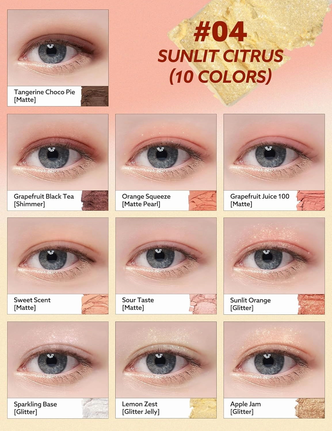 Peach C Seasonal Blending Eyeshadow Palette 04 Sunlit Citrus | Zesty Orange & Grapefruit Shades with Matte, Shimmer & Glitter Finishes | K-Beauty Palette for Bright Summer Looks
