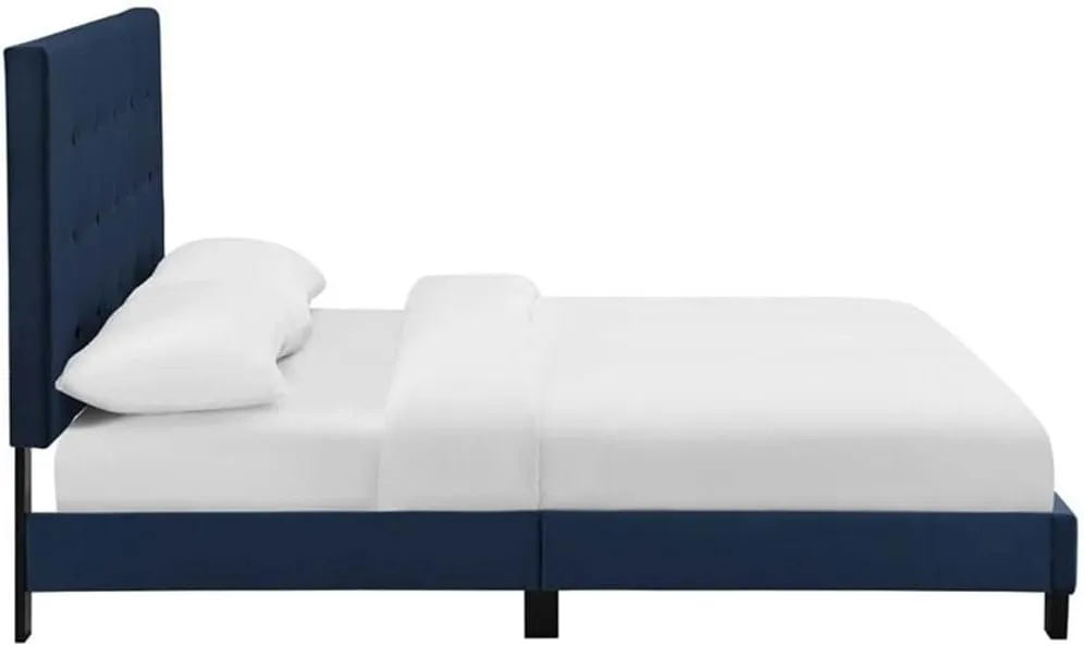 Pemberly Row King Tufted Button Velvet Platform Bed in Midnight Blue