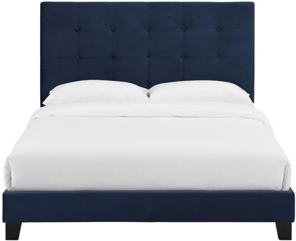 Pemberly Row King Tufted Button Velvet Platform Bed in Midnight Blue