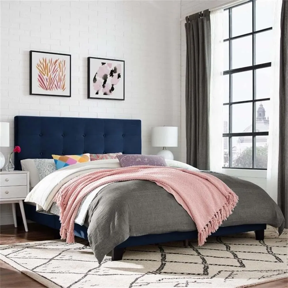 Pemberly Row King Tufted Button Velvet Platform Bed in Midnight Blue
