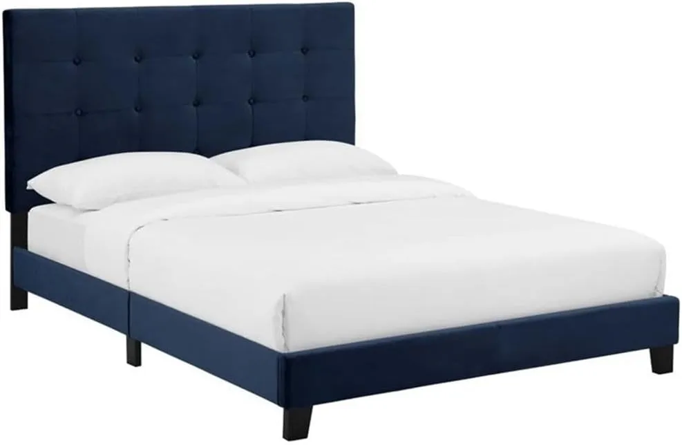 Pemberly Row King Tufted Button Velvet Platform Bed in Midnight Blue